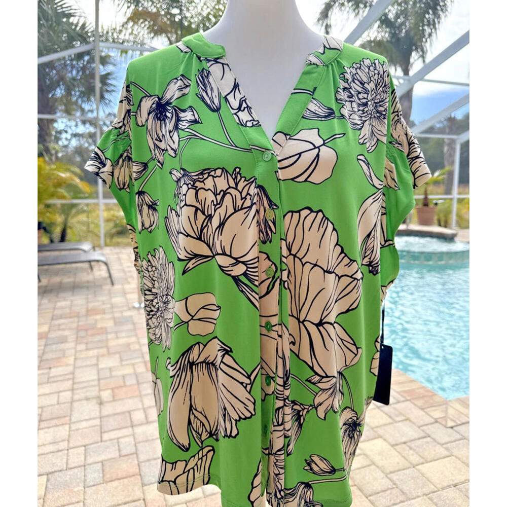 NWT Rachel Roy Green White Floral Short Sleeve Blouse 2X Plus Top